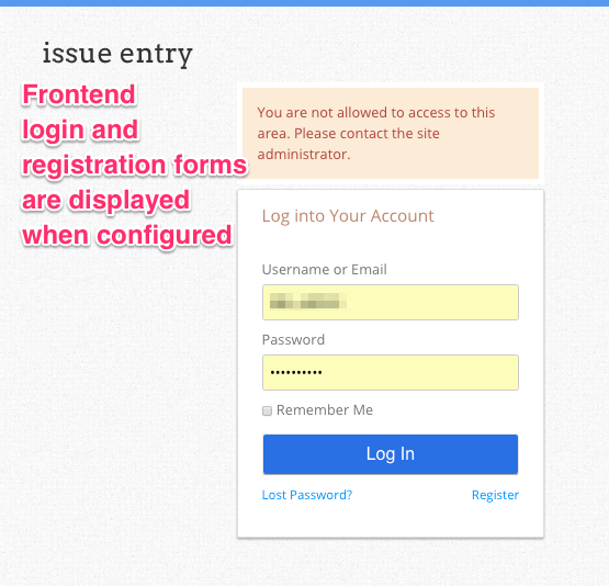 Frontend login and registration forms for private access to forms on the frontend