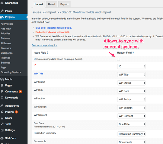 <a href="https://emdplugins.com/plugin-features/software-issue-manager-importexport-addon/?pk_campaign=software-issue-manager-com&pk_kwd=screenshots">CSV Import Export Addon</a> - Bulk import/export your issues and projects from/to CSV files