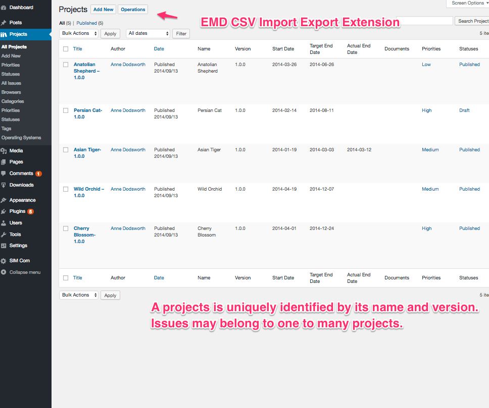 Project List in admin area