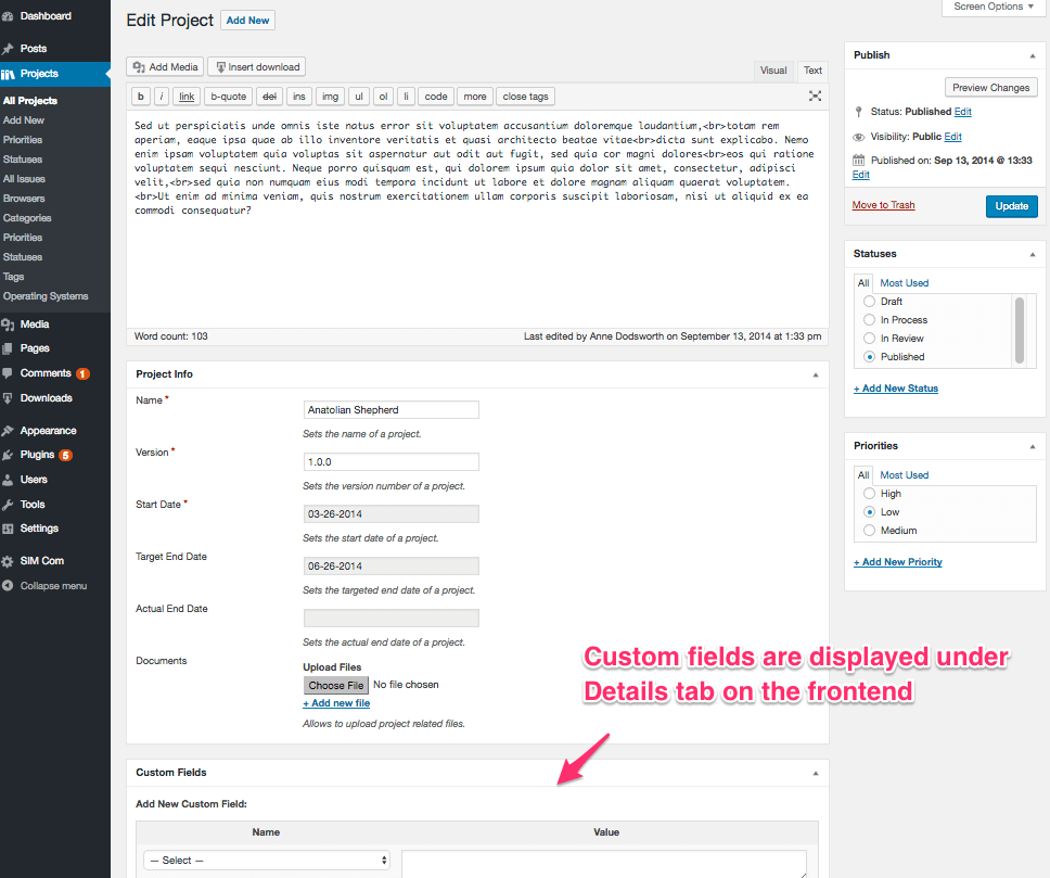 Easy to use Project Edit screen in admin area
