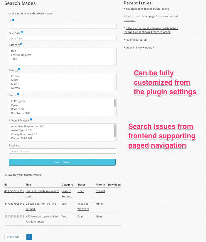 Fully customizable Search Issues form can be added in a page using a shortcode