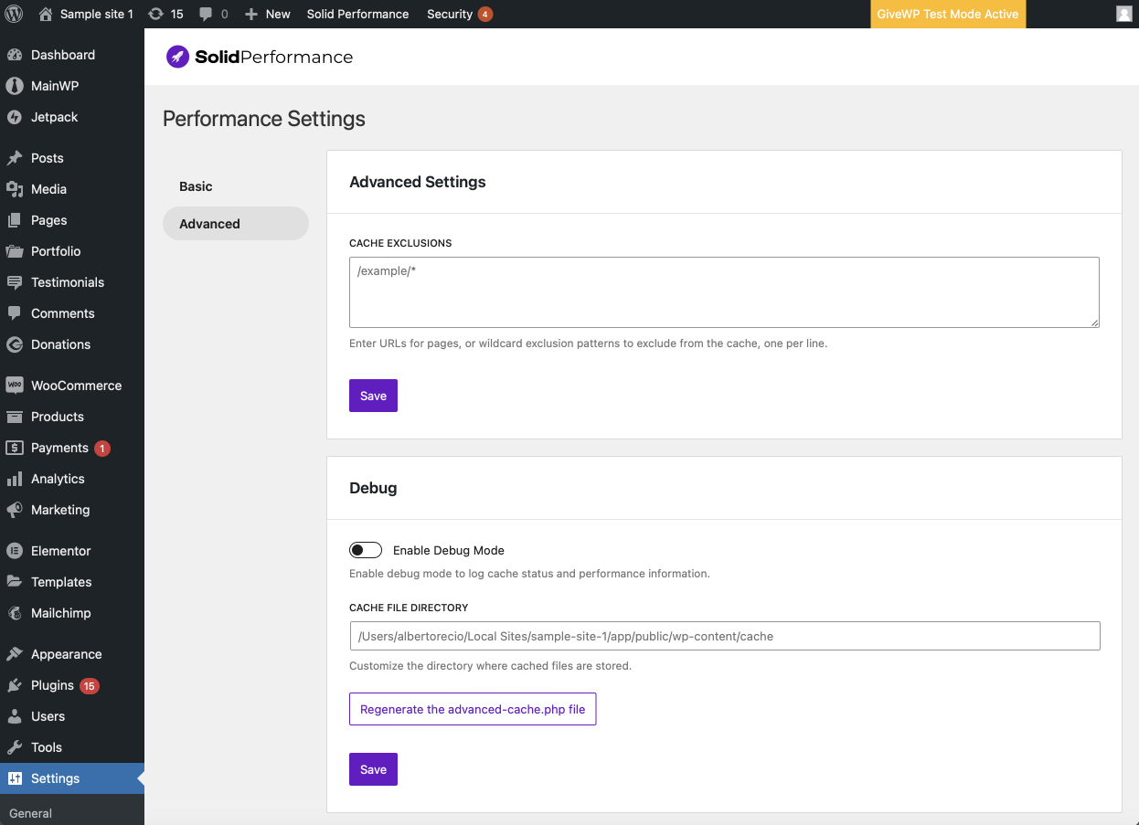 The Advanced Settings screen to add exclusions and rebuild the static page cache