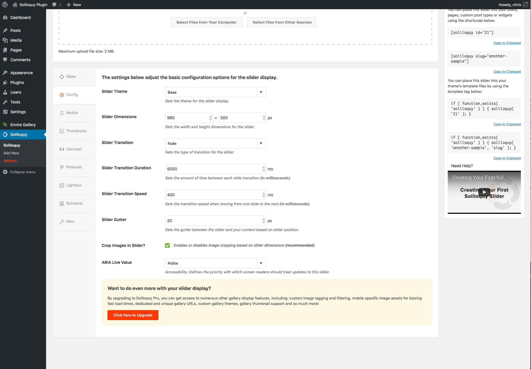 Soliloquy Config options screen.