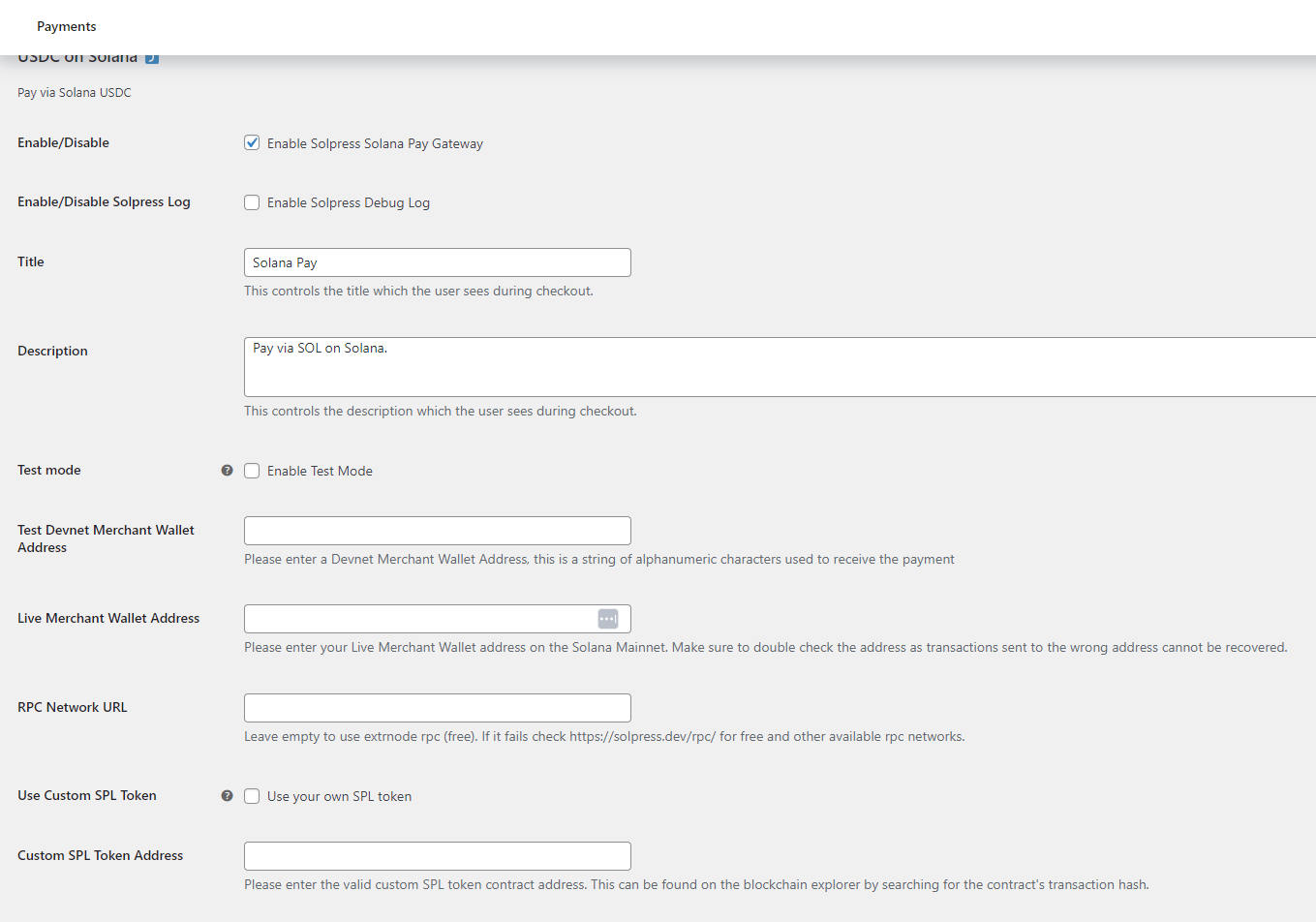 WordPress administrator/woocommerce merchant settings display.