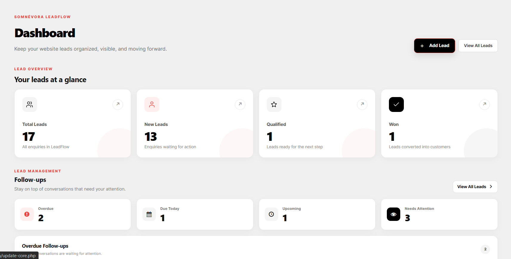 SOMNÉVORA LeadFlow dashboard with lead overview, follow-up management, and recent lead activity.