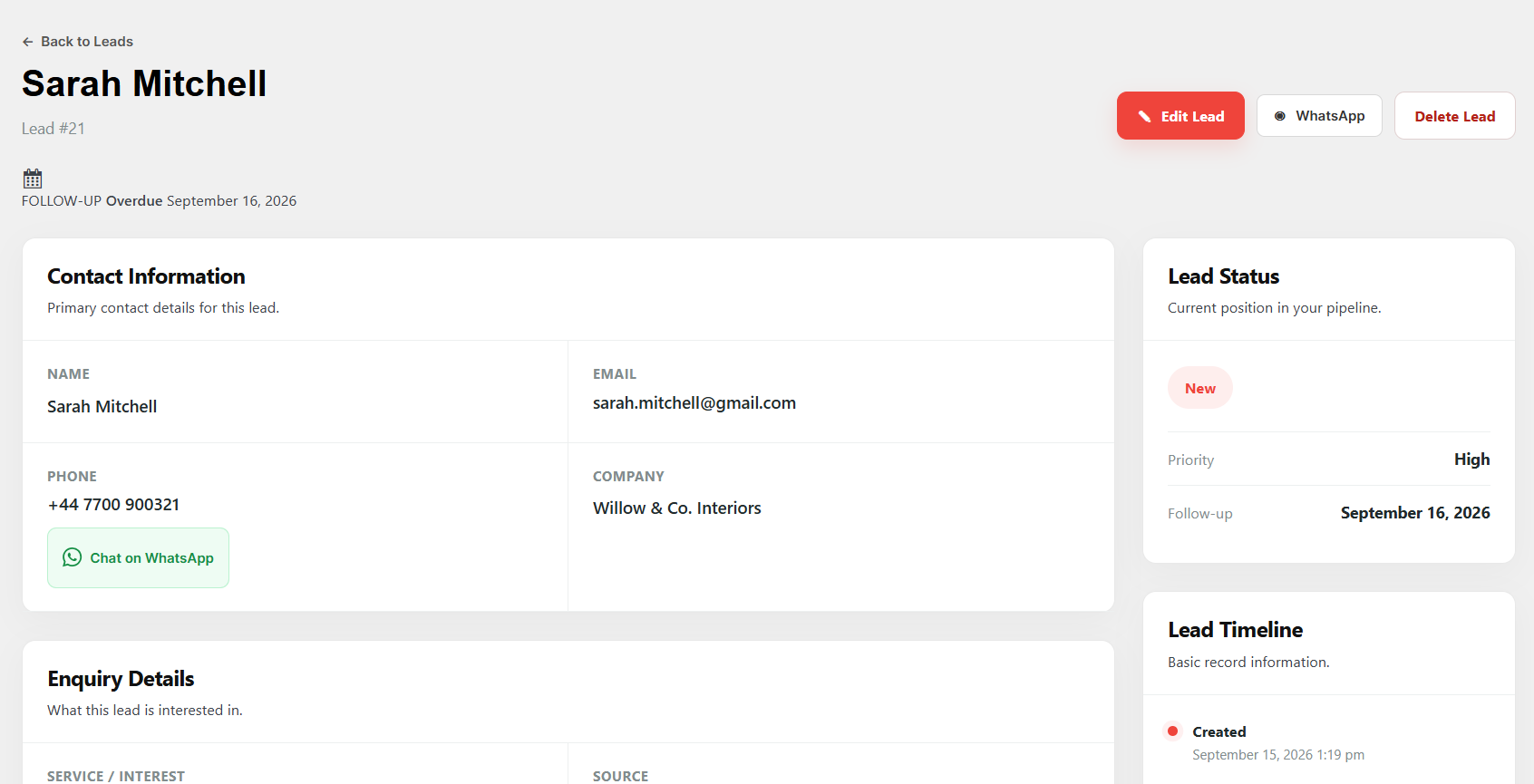 Individual lead view with contact information, enquiry details, status, follow-up information, and contact actions.