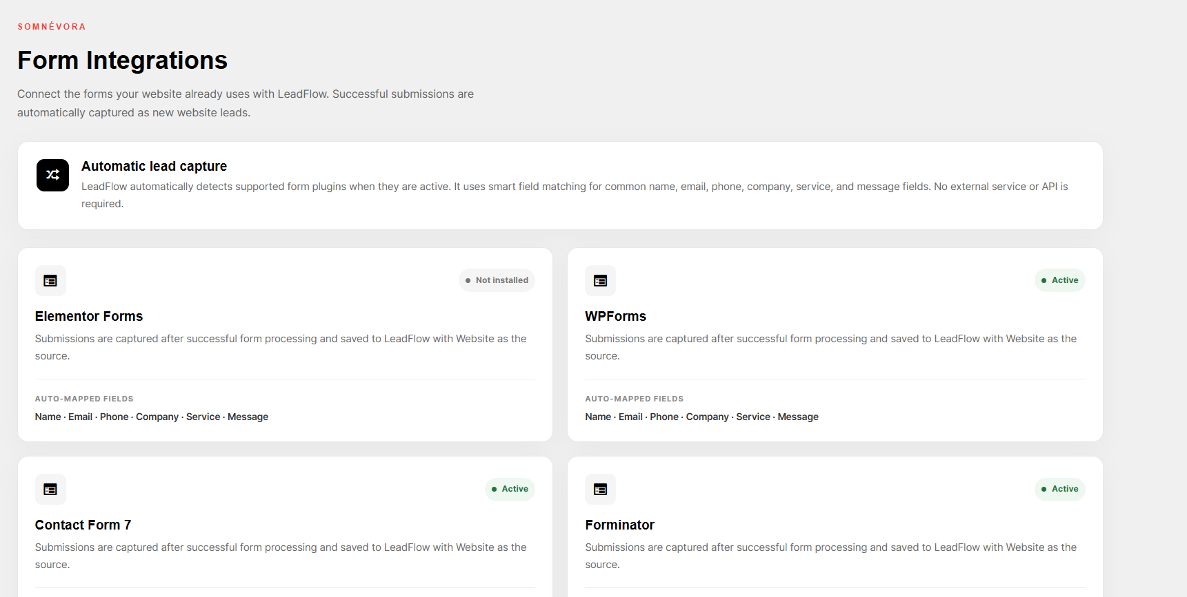 Form Integrations screen showing supported WordPress form plugins and their integration status.