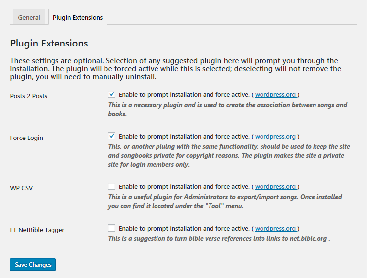 The Settings 'Plugin Extensions' Tab for selection of mandatory and suggested plugins.