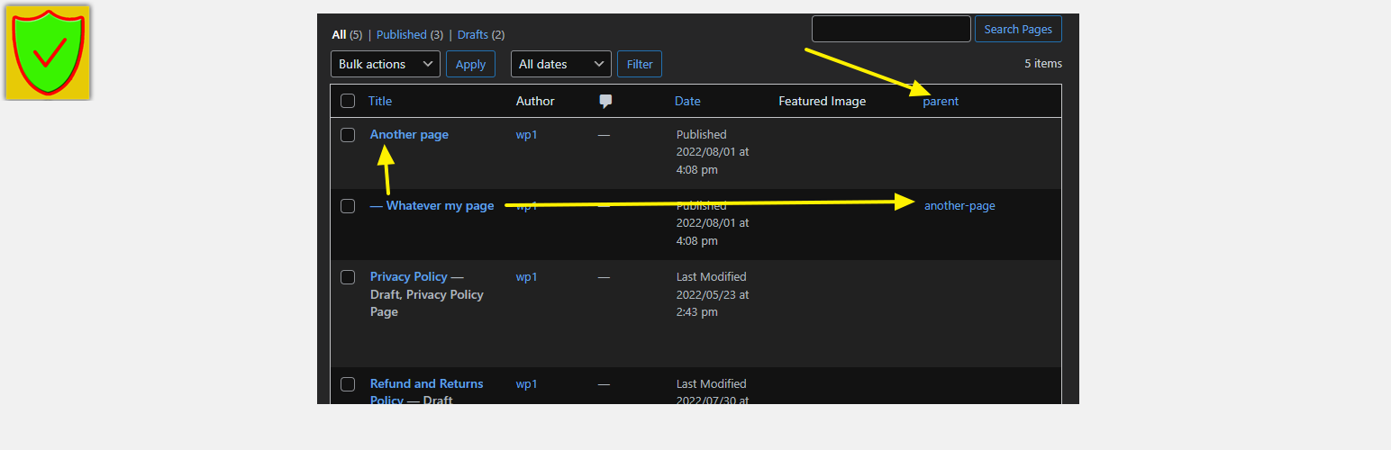 Sort dashboard posts/pages by parent