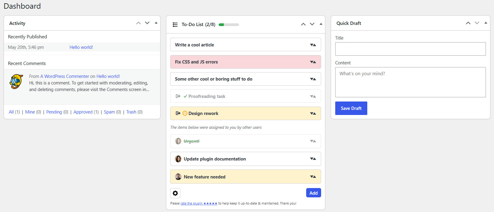 The To-Do List dashboard widget
