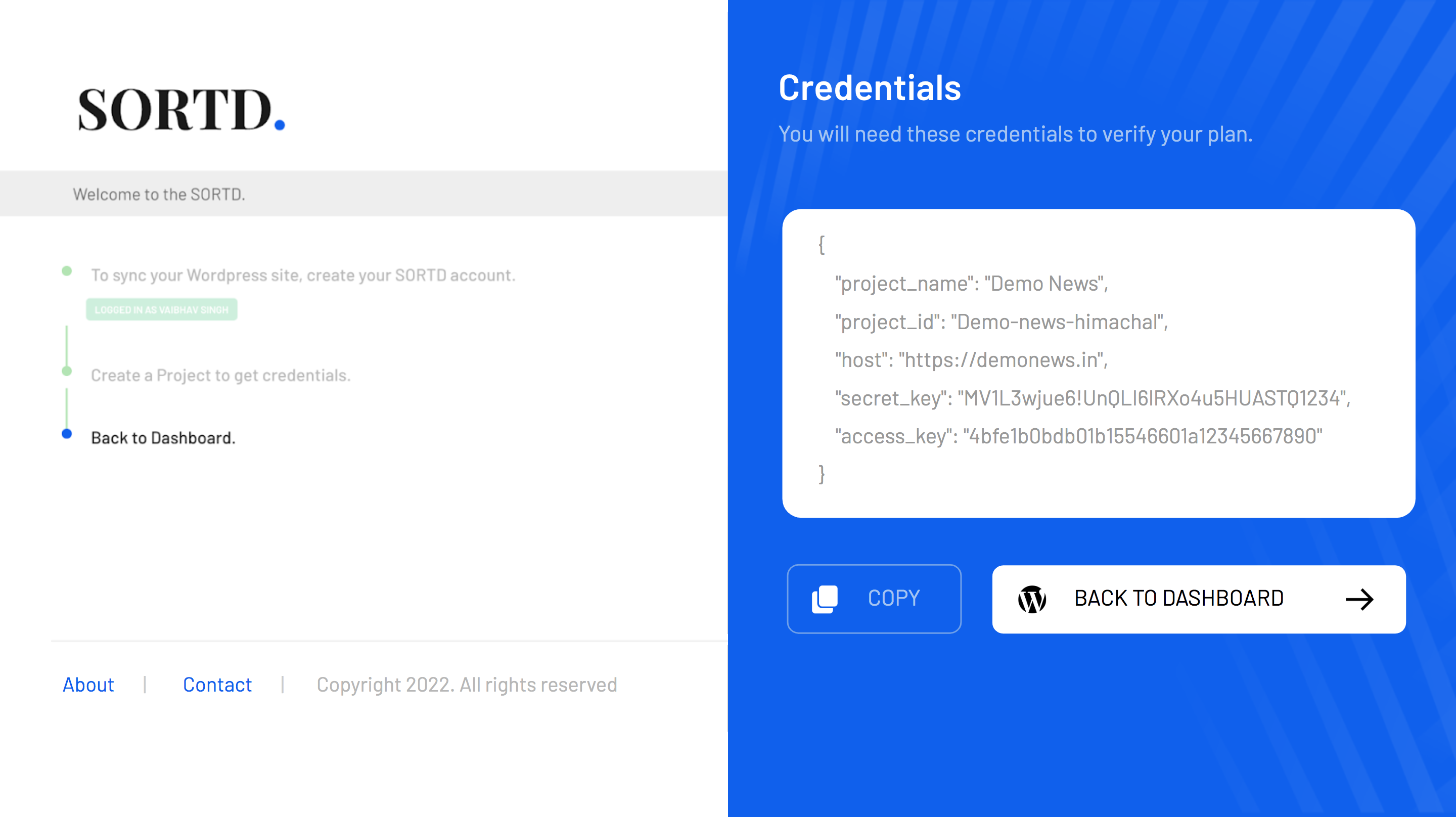 Verify your credentials to link your website to Sortd