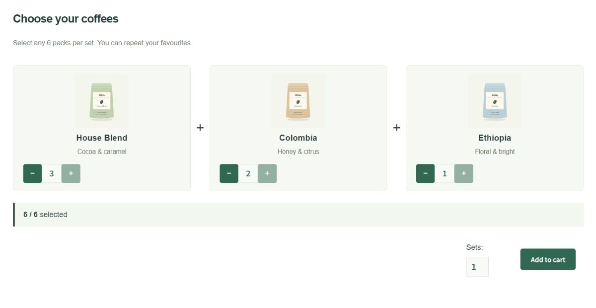 Customers build an exact-quantity bundle with repeatable product choices and a live selection counter. Example storefront styled with the demo Storefront child theme.
