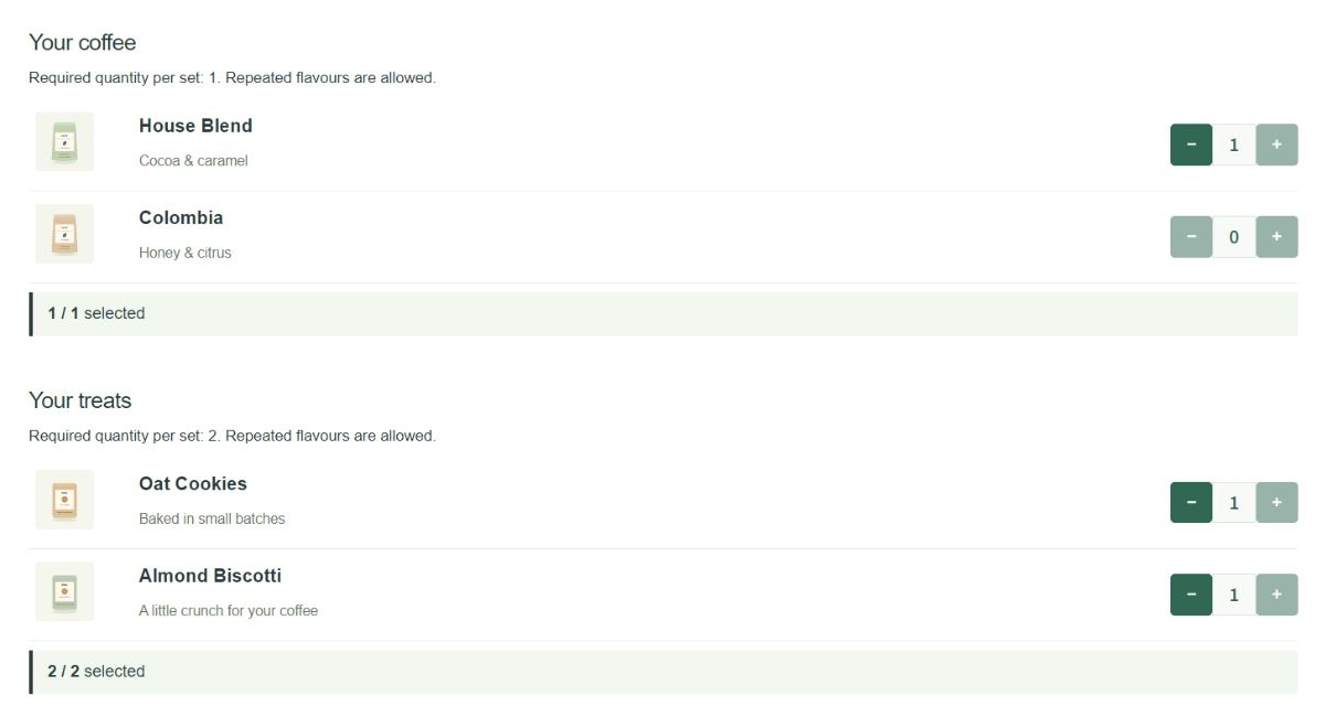 Named groups have independent quantity requirements. This example includes one coffee and two treats per set.