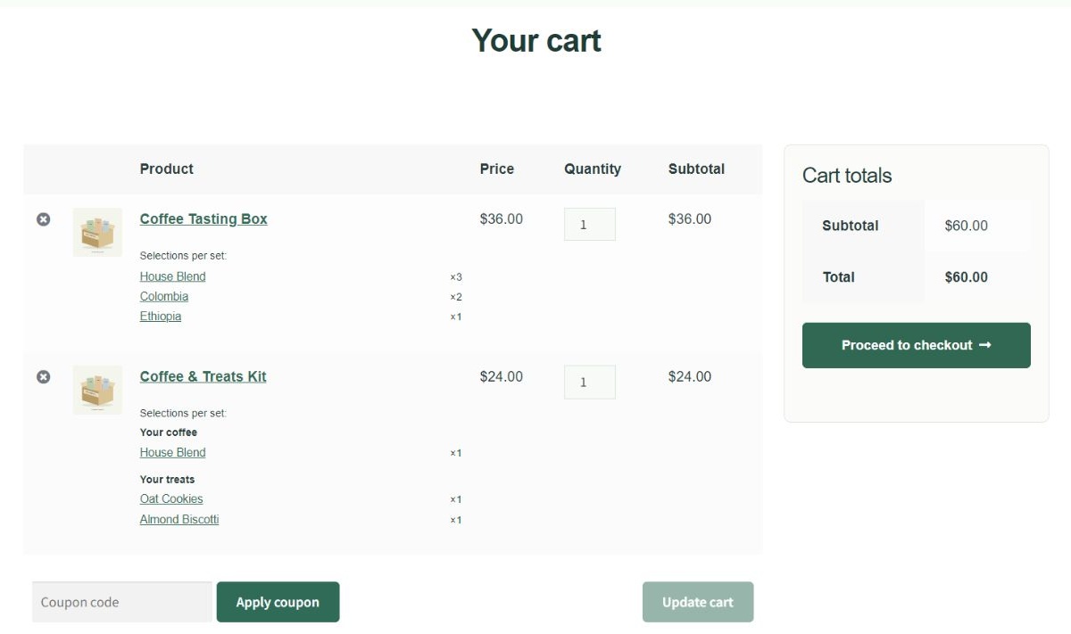 Compact cart summaries keep selected products and per-set quantities with their bundle, while retaining native WooCommerce pricing and totals.