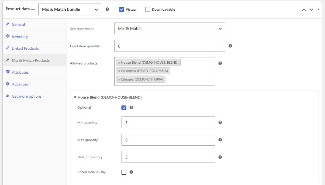 Configure allowed products, exact bundle quantity, and optional, minimum, maximum and default quantities for each component.
