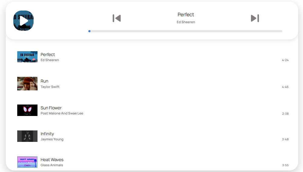 Frontend view of the Soundmento audio player with playlist, artwork, and playback controls.
