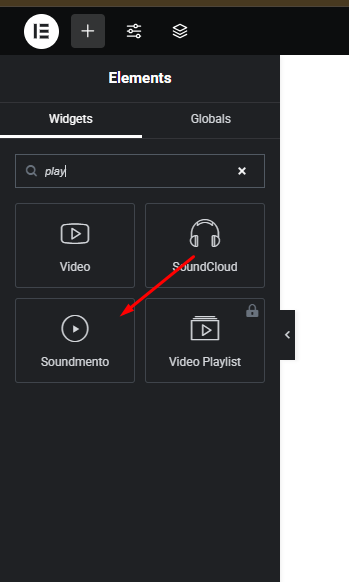 Search for "Soundmento," "playlist," or a related keyword to add the Soundmento widget in the Elementor Page Builder.
