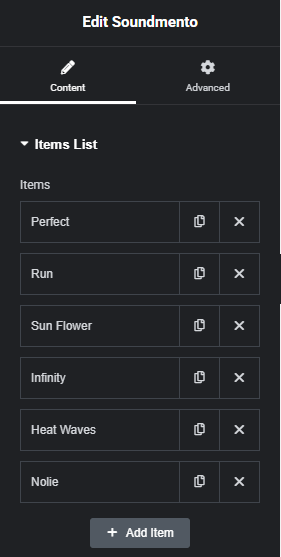 Soundmento widget in Elementor editor with audio tracks added via repeater.
