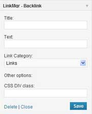 <p><strong>Widget - Backlink</strong> - This widget displays the reciprocal link information for category selected. A distinct DIV class can be used to format the content.</p>