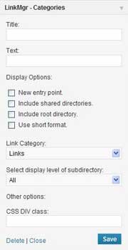 <p><strong>Widget - Categories</strong> - This widget displays the list of child categories beneath the selected category.  The Sound Strategies LinkMgr shared categories can be included.  The short format only displays the category name (category description is not included). Indenting is controlled by the display level.  A distinct DIV class can be used to format the content.</p>