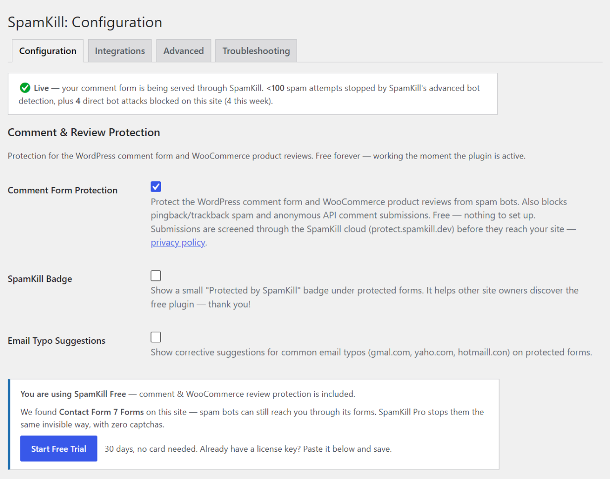 Protection is on the moment you activate — live status and a running count of blocked spam. No signup, no API key.