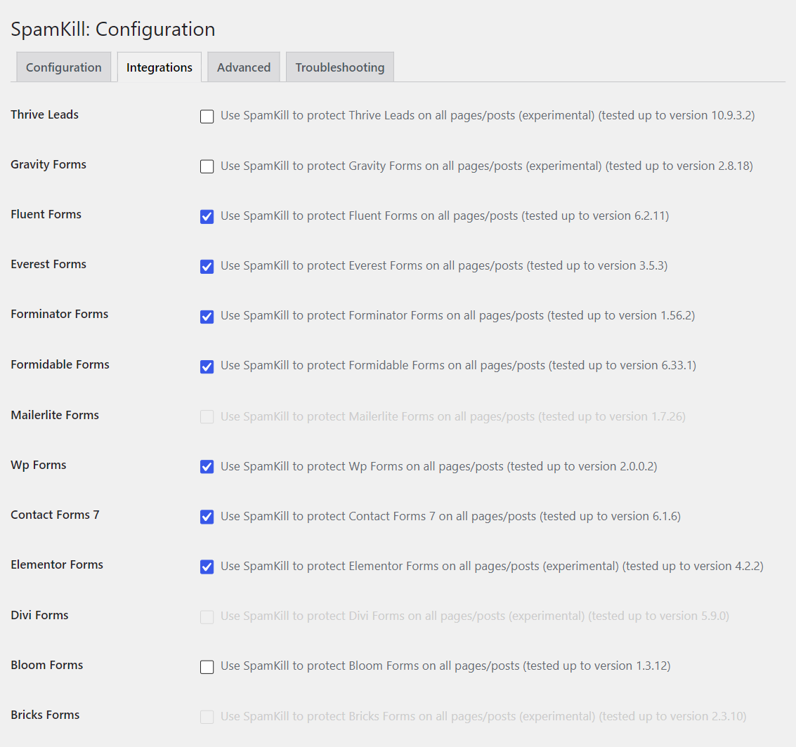 Optional SpamKill Pro: one toggle per form builder (Contact Form 7, WPForms, Gravity Forms, Elementor and more).