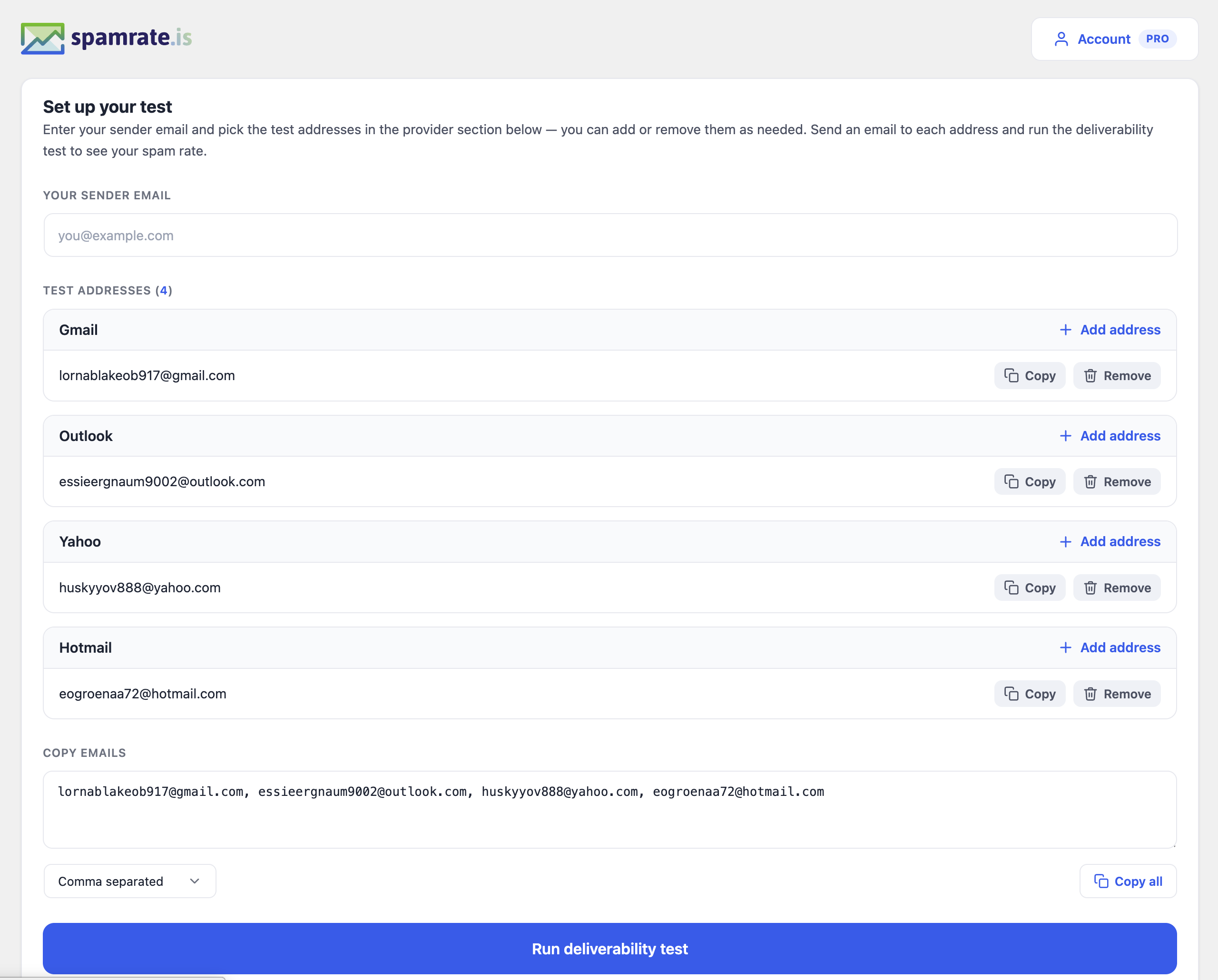 New deliverability test — enter your sender, pick test addresses per provider, and run.