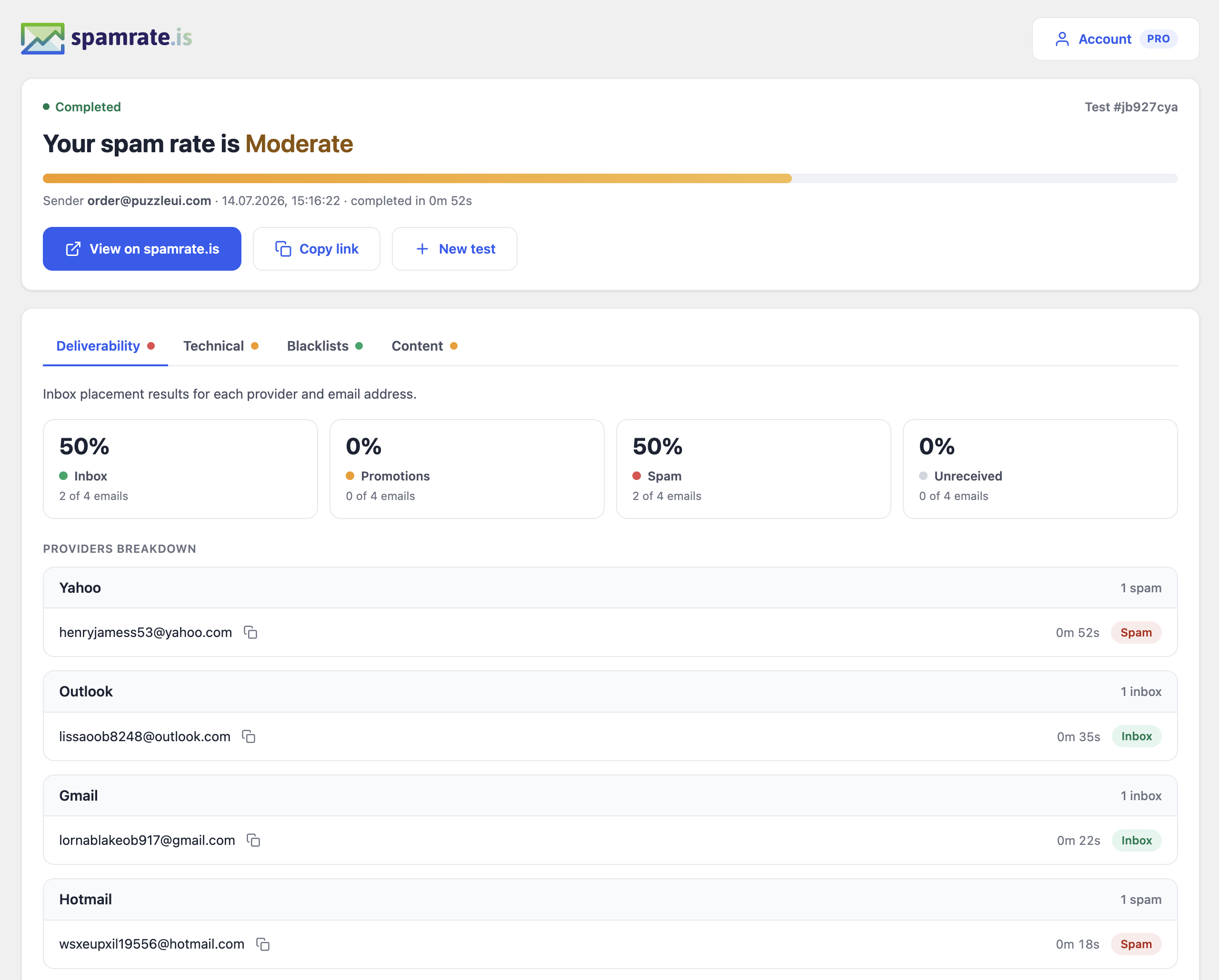 Live test result — per-mailbox Inbox / Promotions / Spam placement with your spam-rate score.