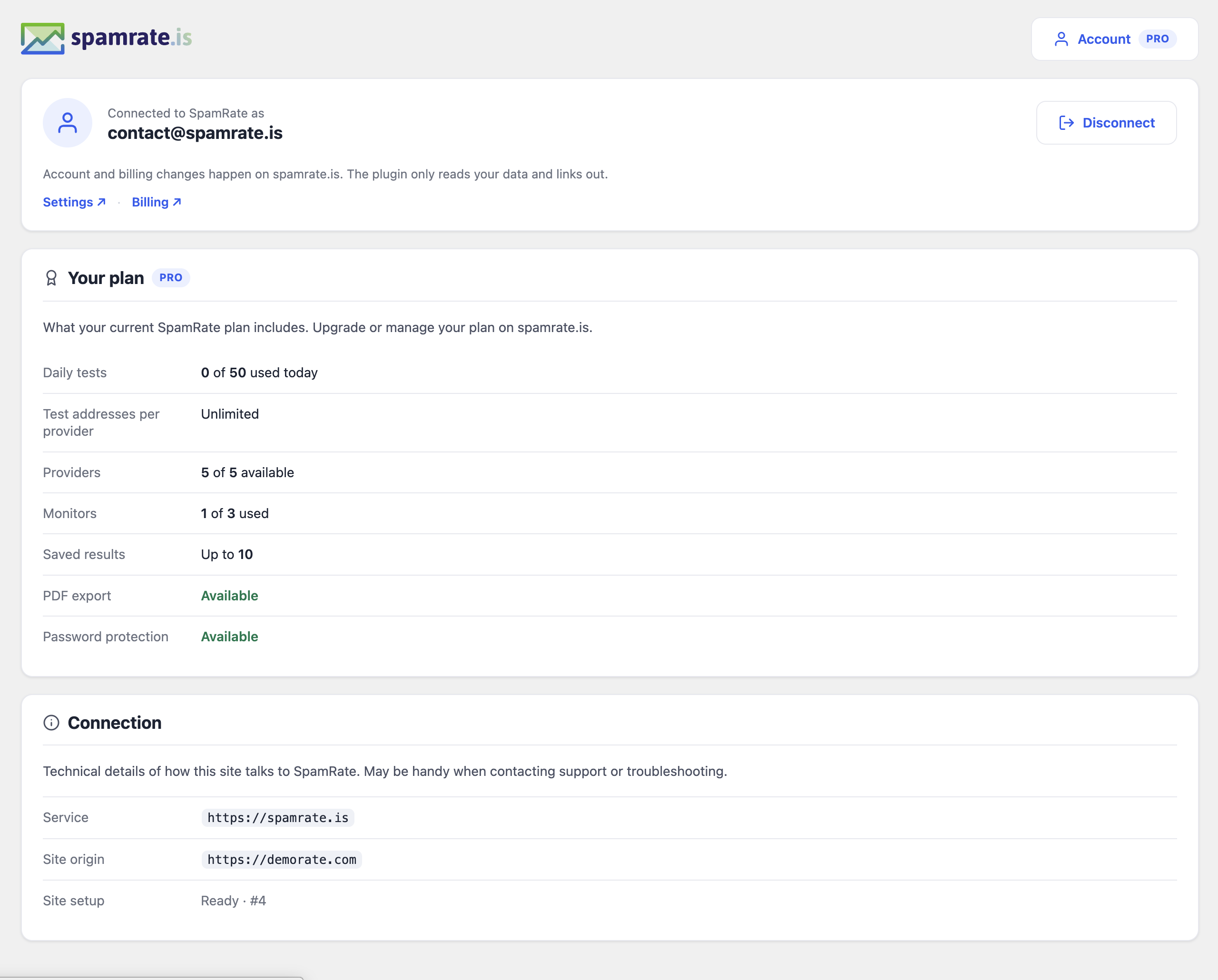 Account — your plan, usage, and connection status.