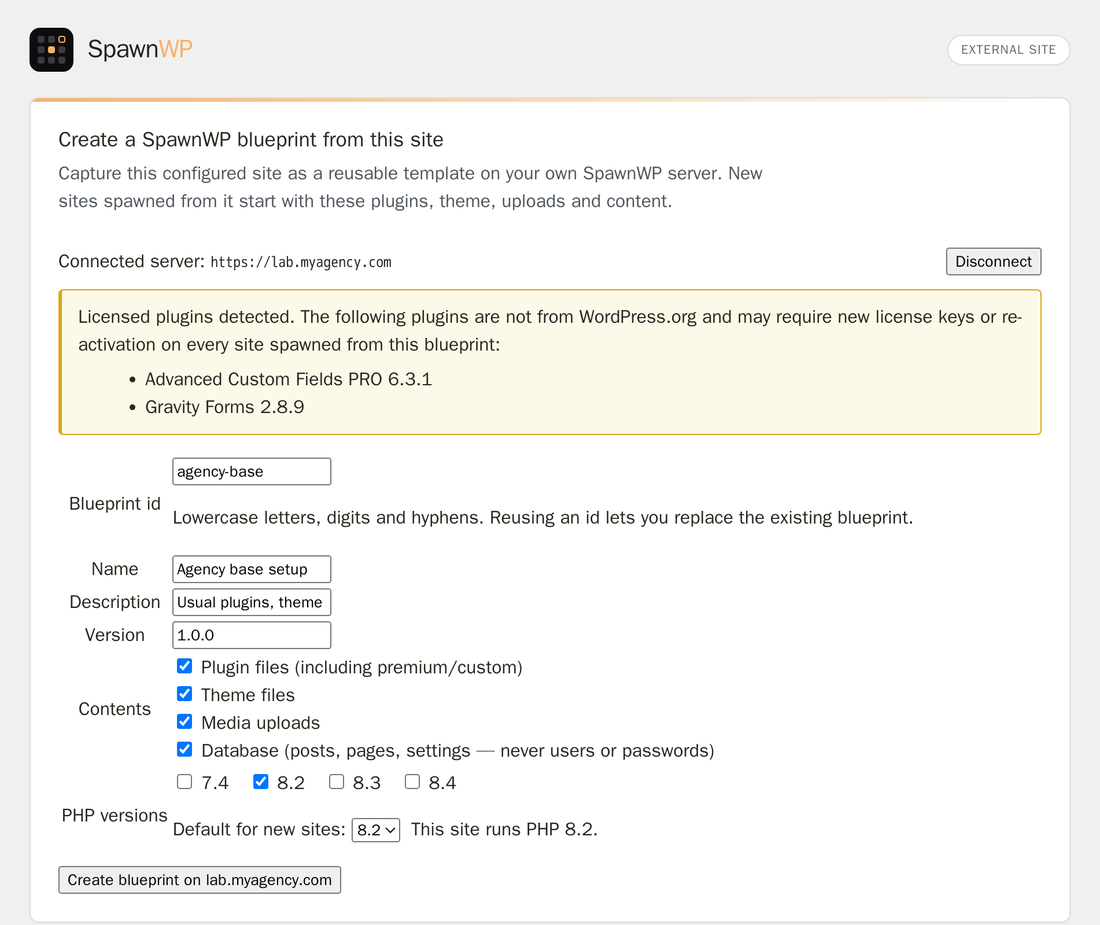 Create a reusable blueprint from a configured WordPress site.