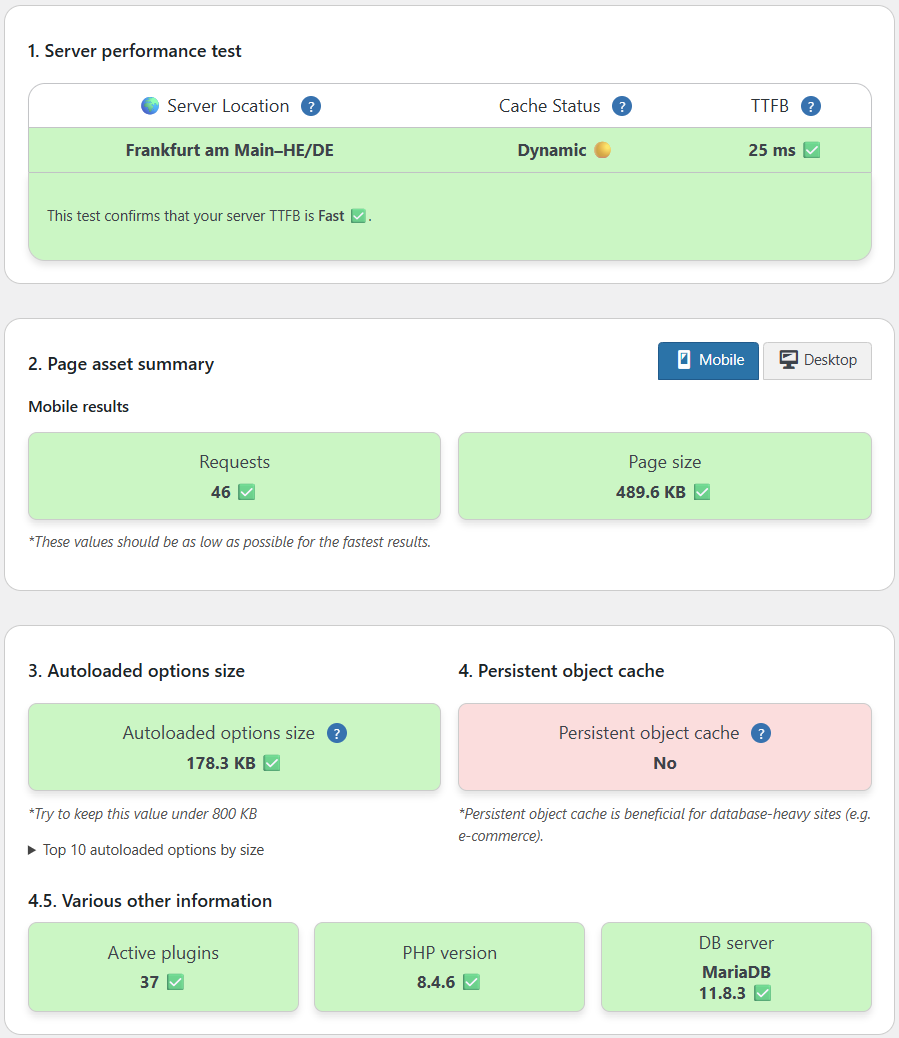 Dashboard view – TTFB, requests, autoload, cache.