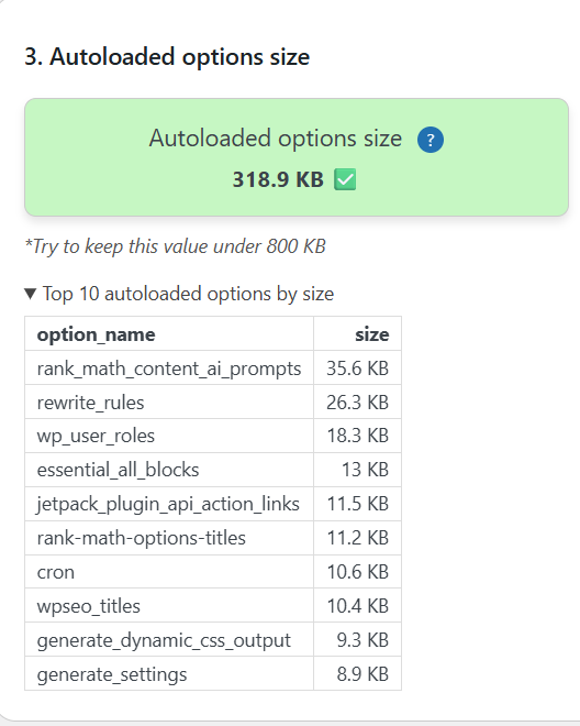 Autoload top 10 options by size