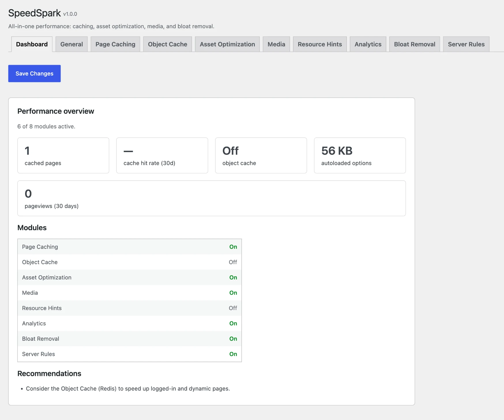 The SpeedSpark dashboard: modules at a glance, cached pages, cache hit rate, and tailored next-step recommendations.