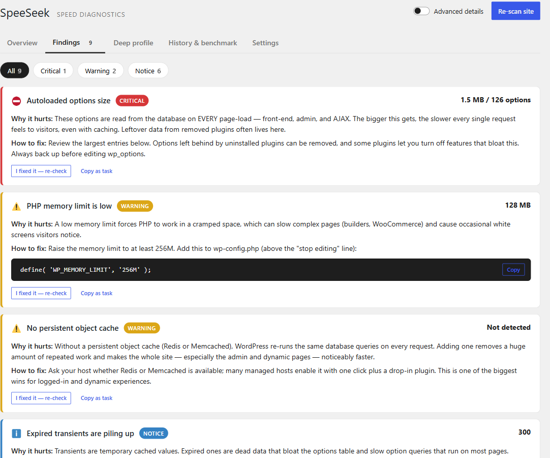 Findings: every issue explains why it hurts and how to fix it, with copy-paste snippets, "I fixed it — re-check" to confirm a fix in seconds, and "Copy as task" for a ticket or your developer.