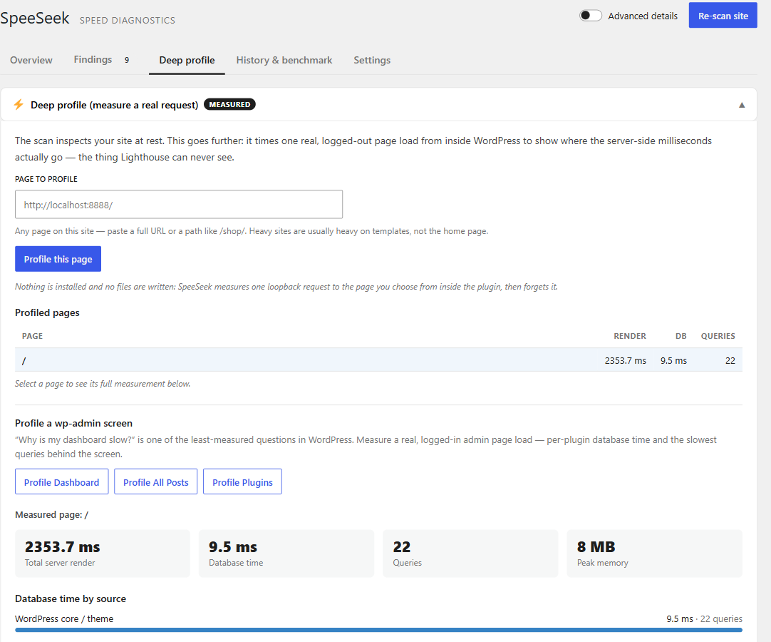 Deep profile: one real measured page load — server render time, database time per plugin, queries and memory — plus one-click profiling of slow wp-admin screens.