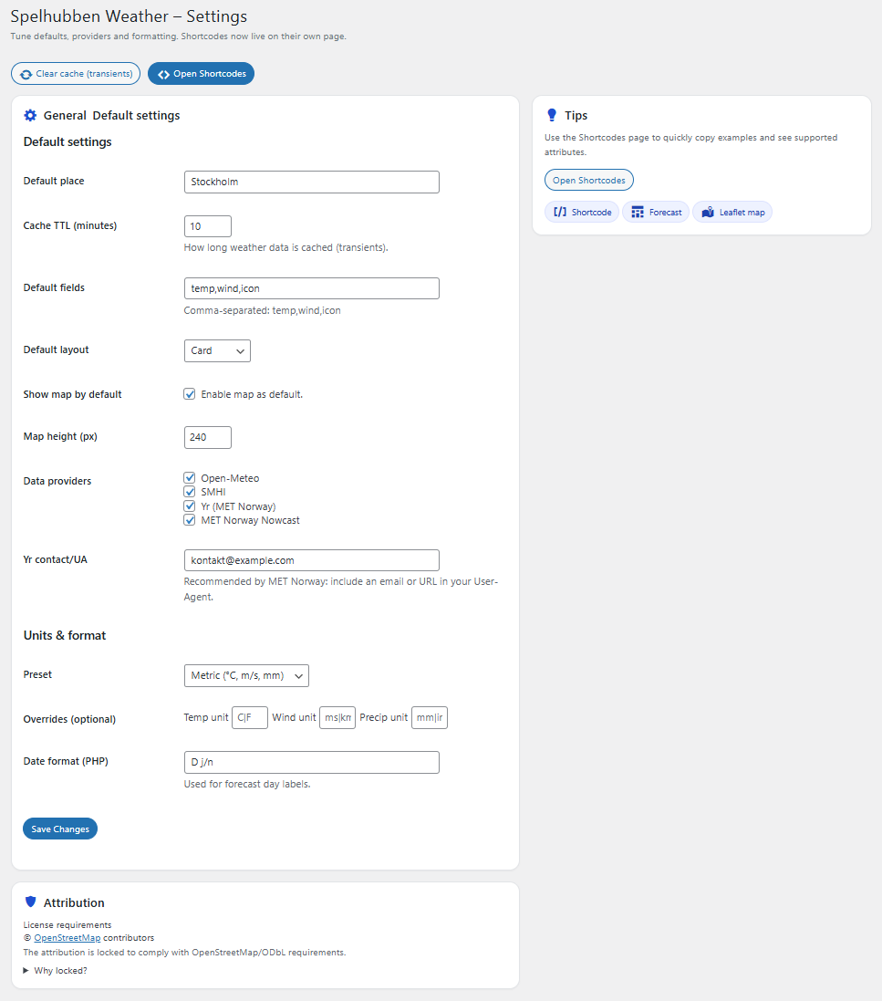 Settings page: defaults, providers, cache, units &amp; format.