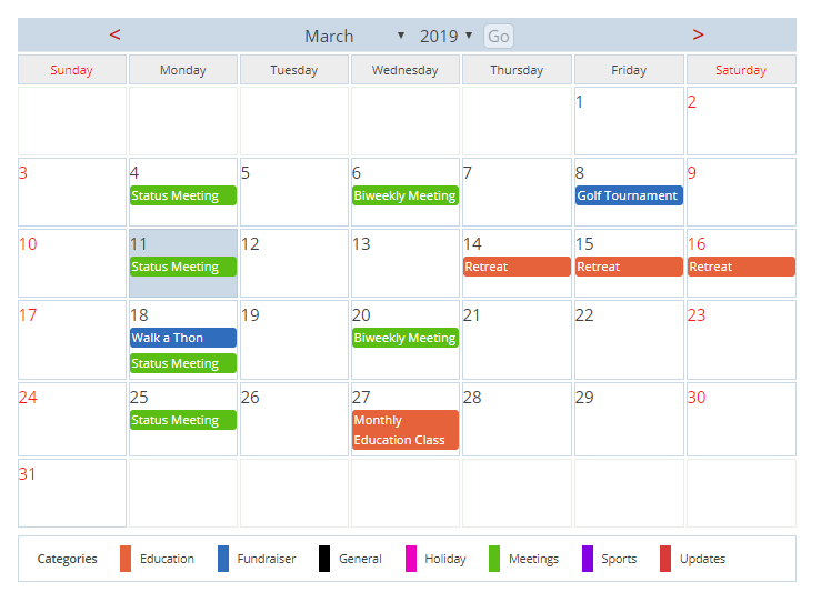 <p>Full calendar with category color as background color, and detailed display turned off to hide images</p>