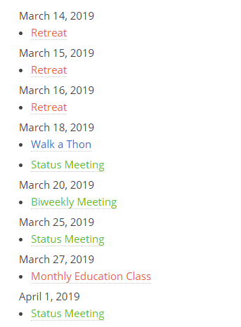 <p>Upcoming events list, popup view has details appear when hovering over event title</p>