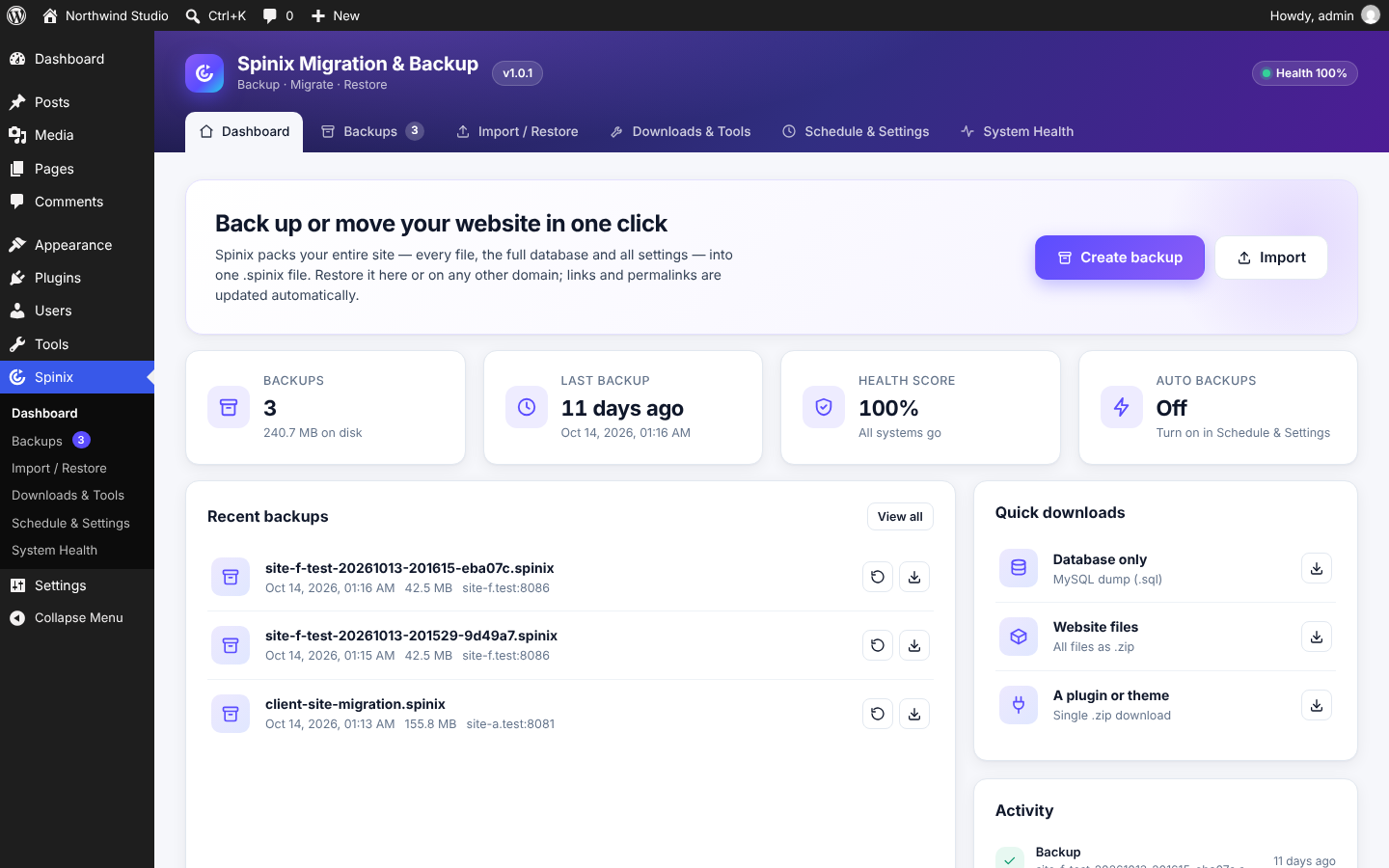 Dashboard with one-click backup and import, backup count, health score and activity.