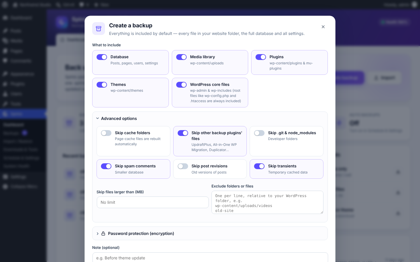 Create a backup: choose what to include, advanced exclusions and optional password encryption.