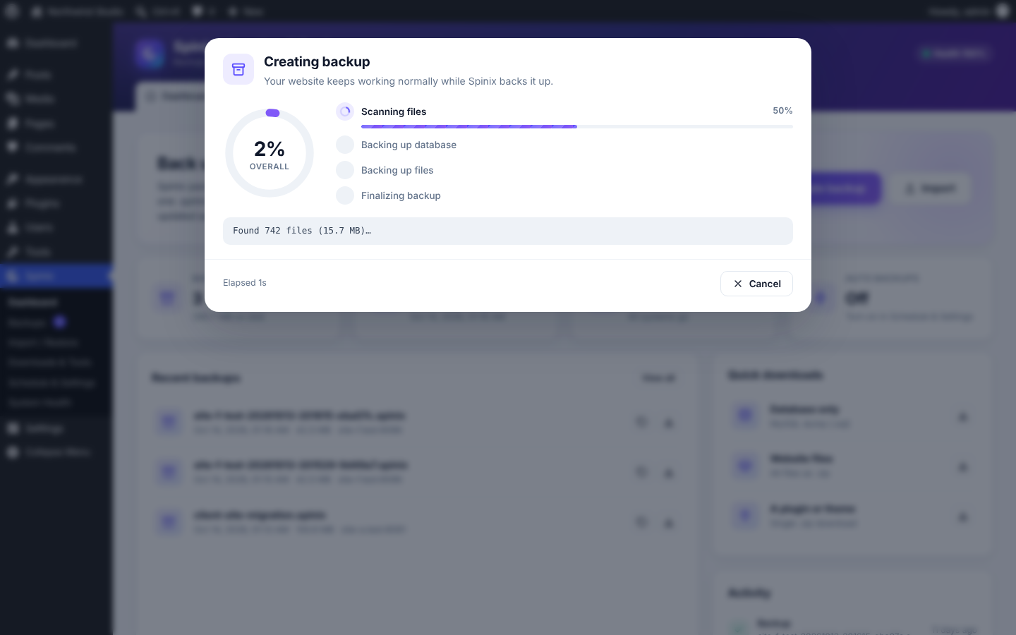Live progress for every step with a percentage per stage.