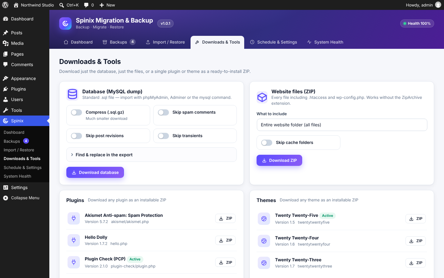 Downloads & Tools: database dump, files ZIP, and any single plugin or theme as an installable ZIP.