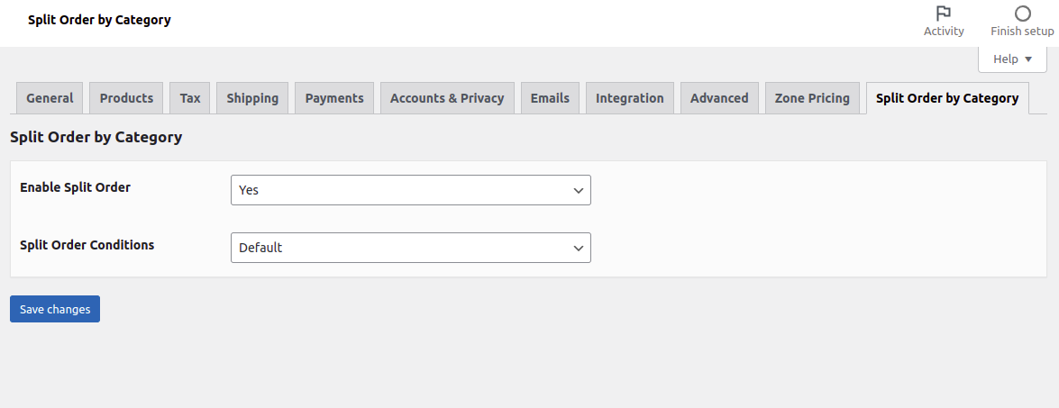 Woocommerce setting tab to configure Split order by category woocommerce (Free Plugin)