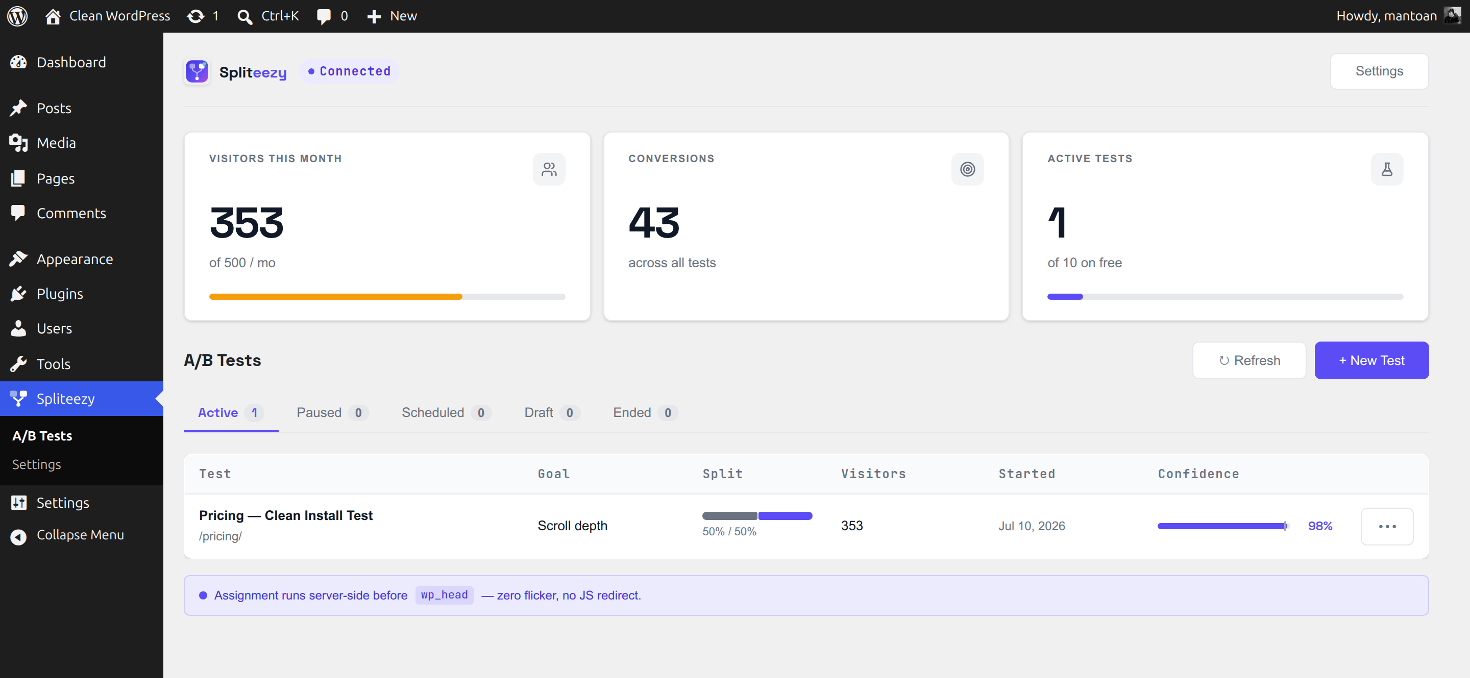 The A/B Tests dashboard — running tests, visitor/conversion totals against your plan limit, and confidence at a glance.