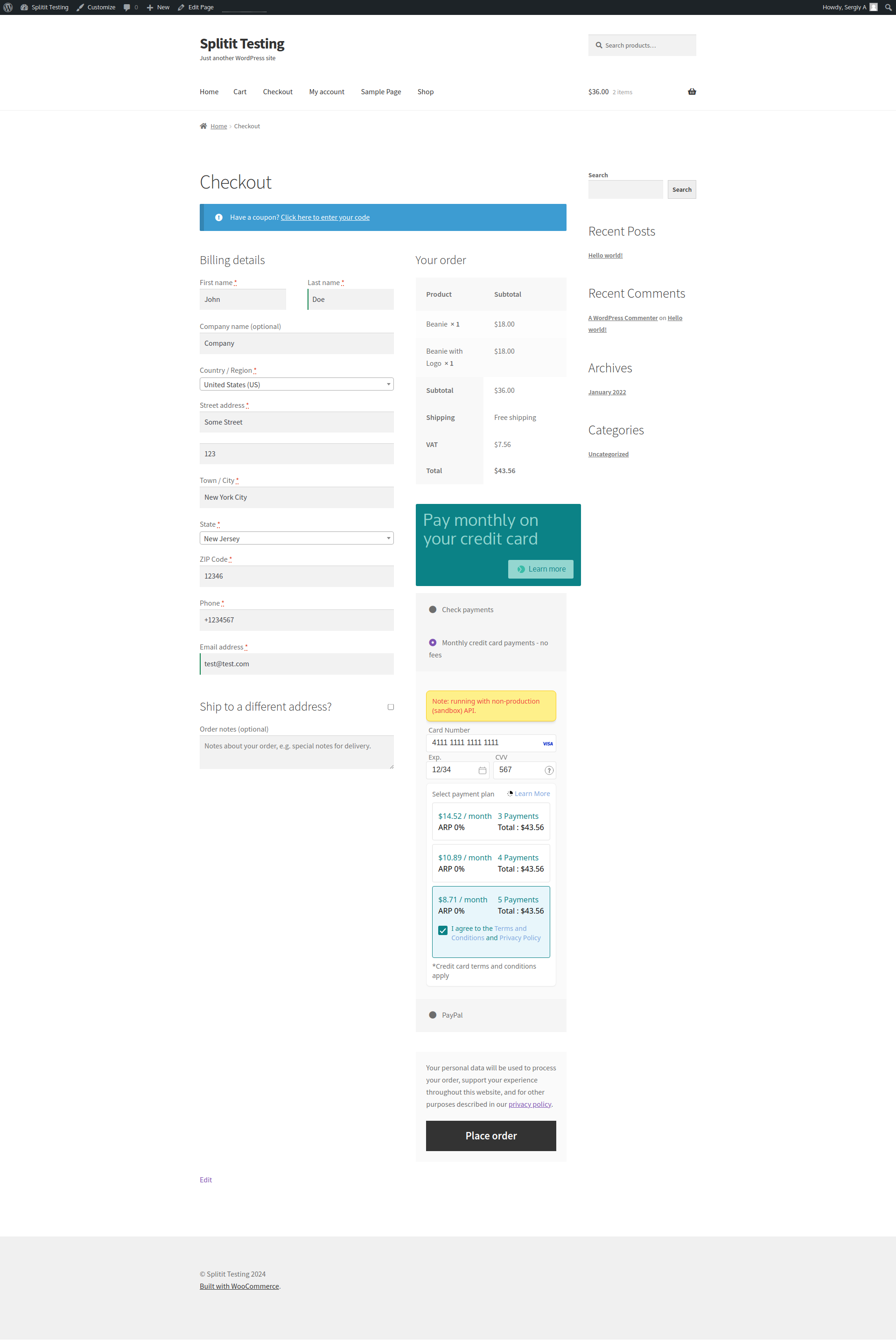 Splitit payment method on checkout