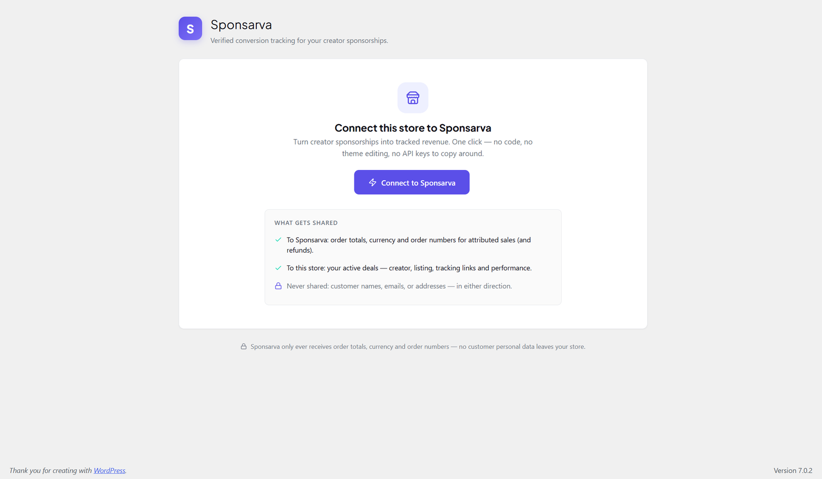The connection screen — one click, with a plain-English statement of what is and isn't shared.
