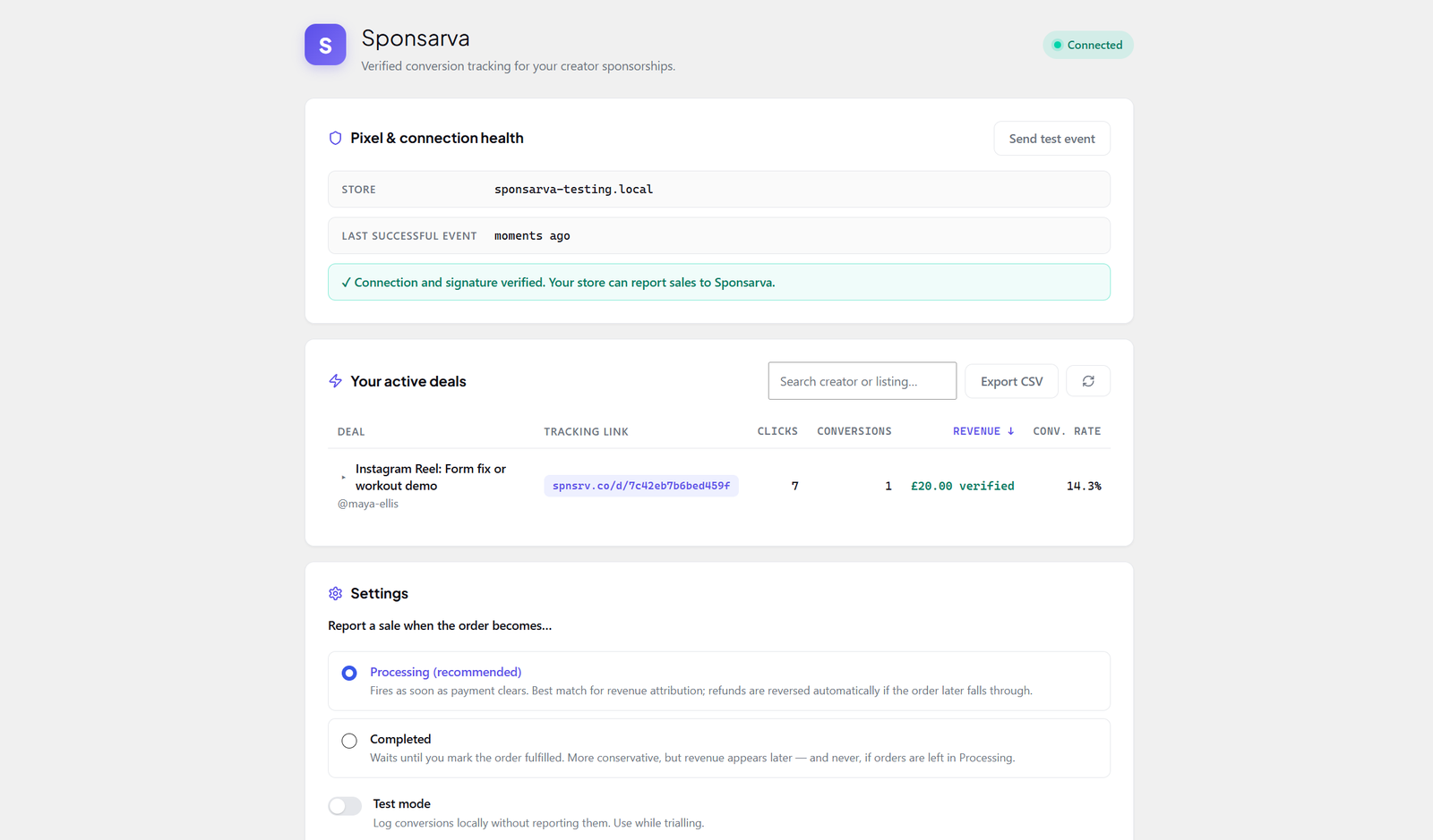 Connected: pixel health, your active deals with clicks, conversions, and verified revenue.