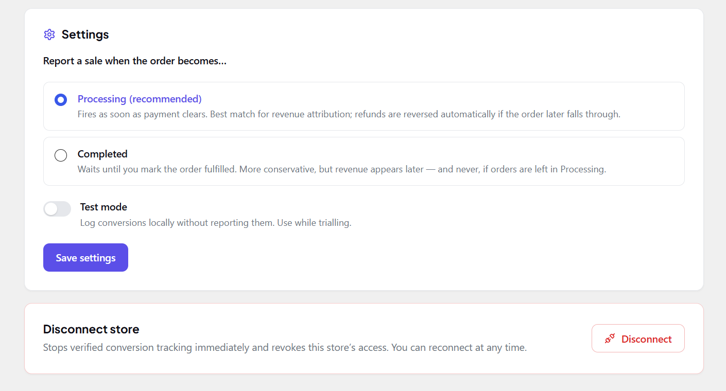 Settings: reporting trigger, test mode, and disconnect.