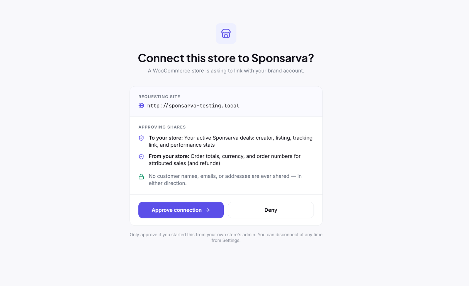 The approval step on Sponsarva — your store asks, you approve; nothing is shared without your explicit consent.