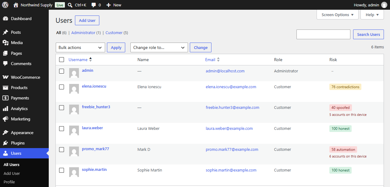 The Risk column in the Users list for new sign-ups.
